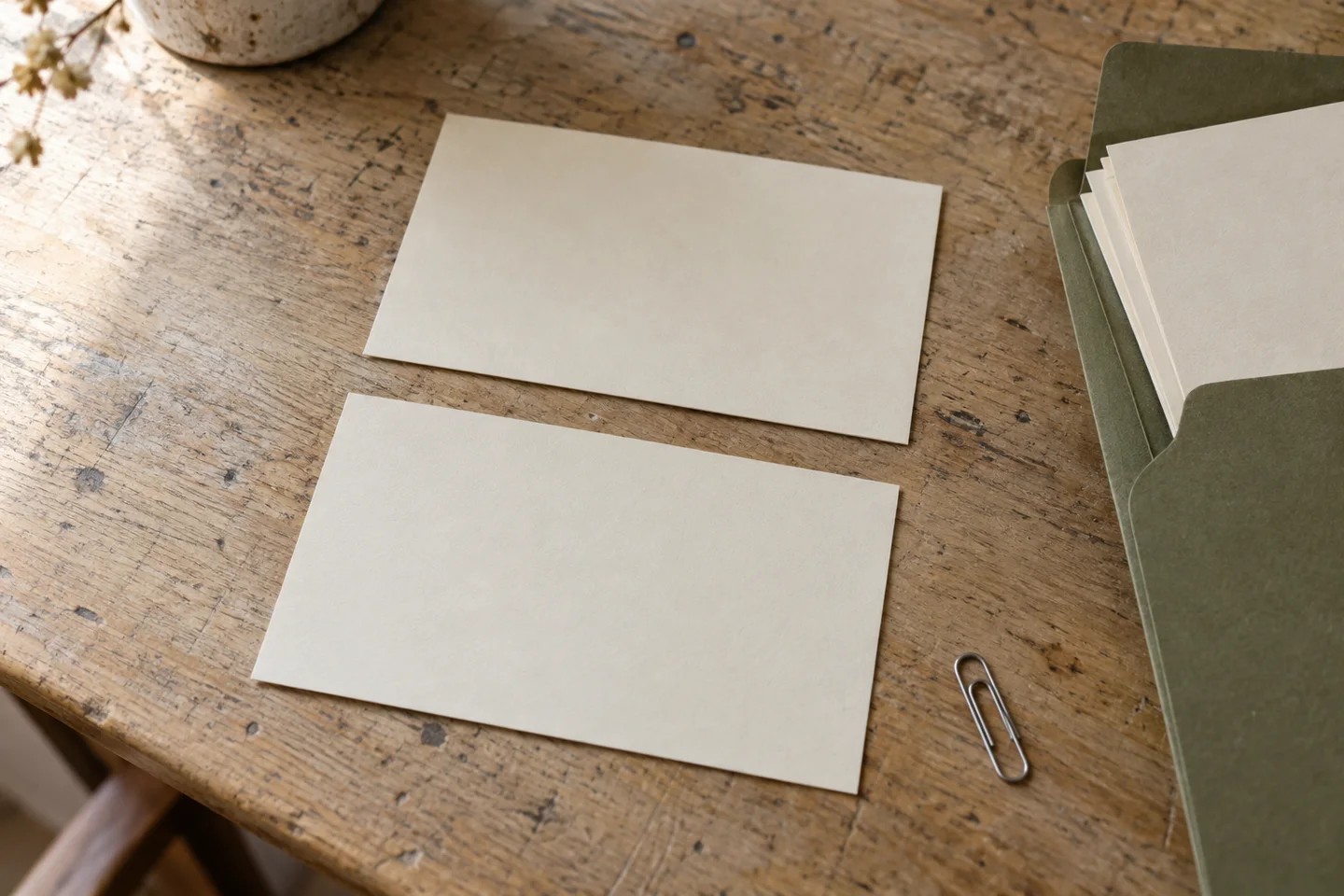 Two separated blank record cards and a slim document folder on a wooden worktable