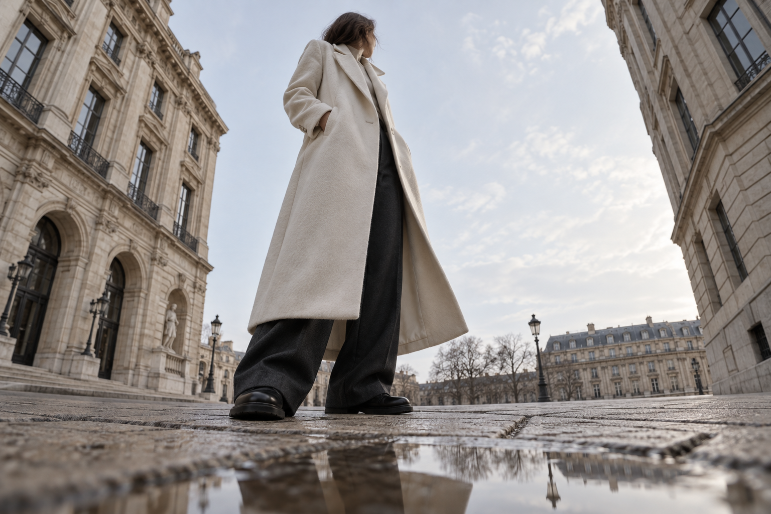 The cover scene, shot from near the ground looking up: a puddle in front, a tall figure and inward-leaning buildings.