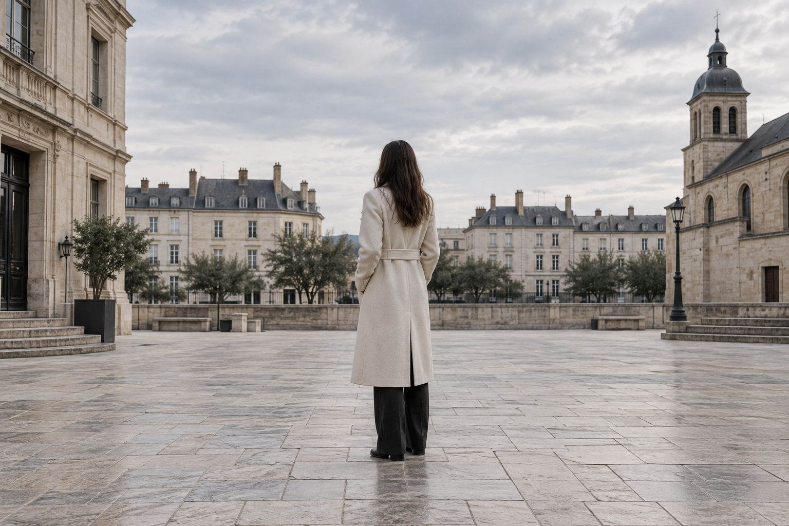 The eye-level comparison scene: the back of a person standing in a plaza, with the horizon at the centre of the frame.