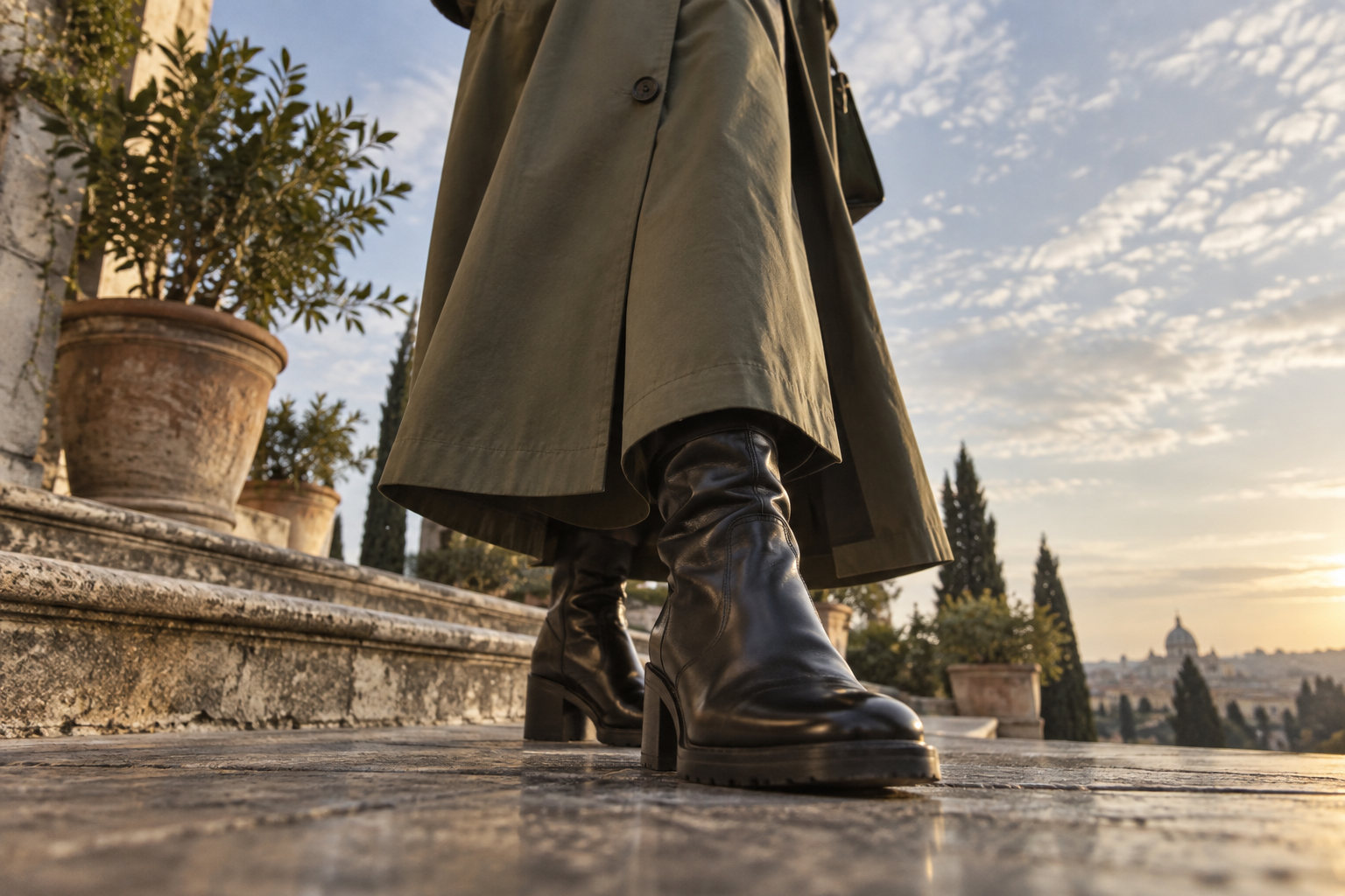 A low scene with boots and a coat hem large near the lens, with potted plants and sky behind.