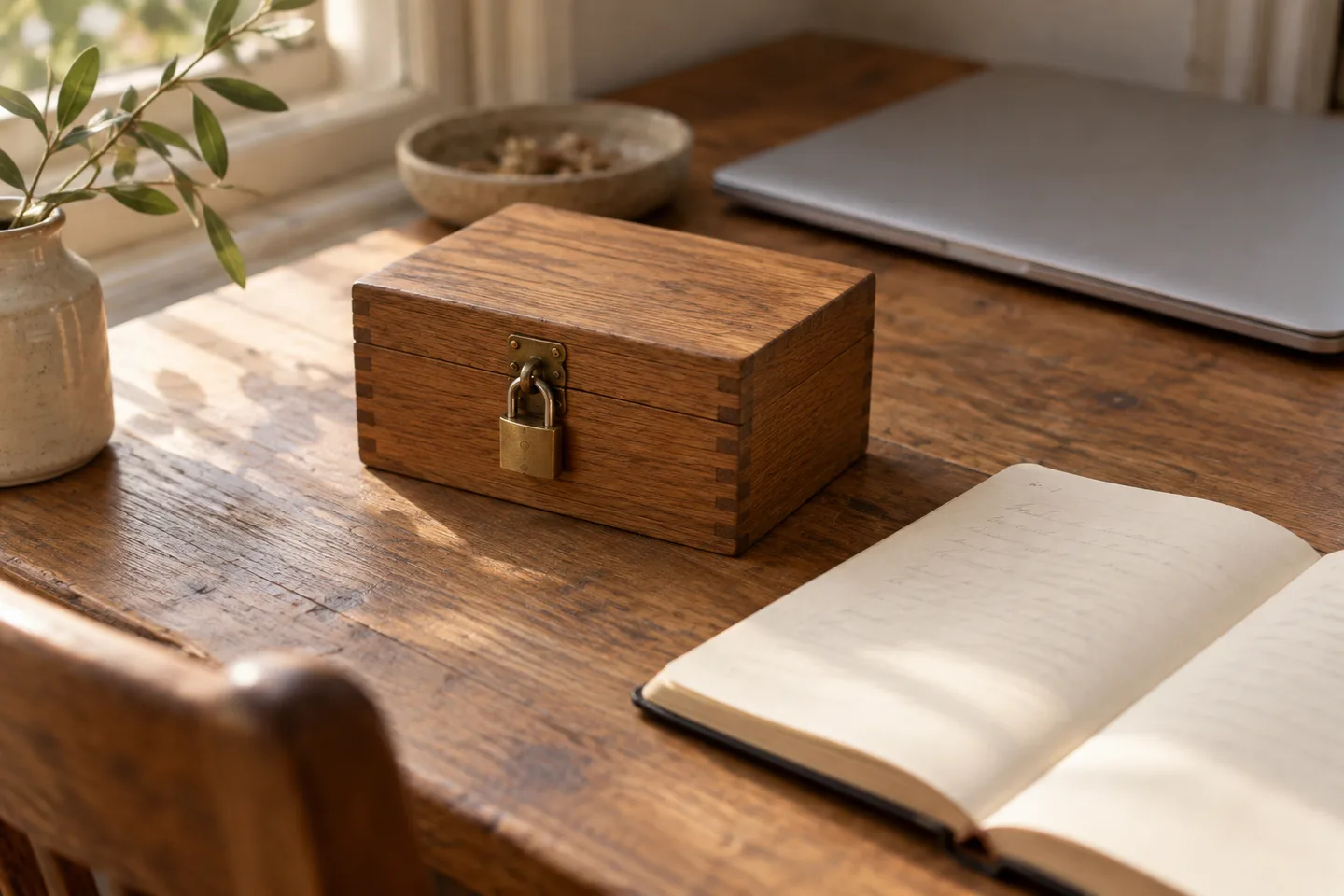 A desk with a small wooden box and padlock, an open notebook and a closed laptop