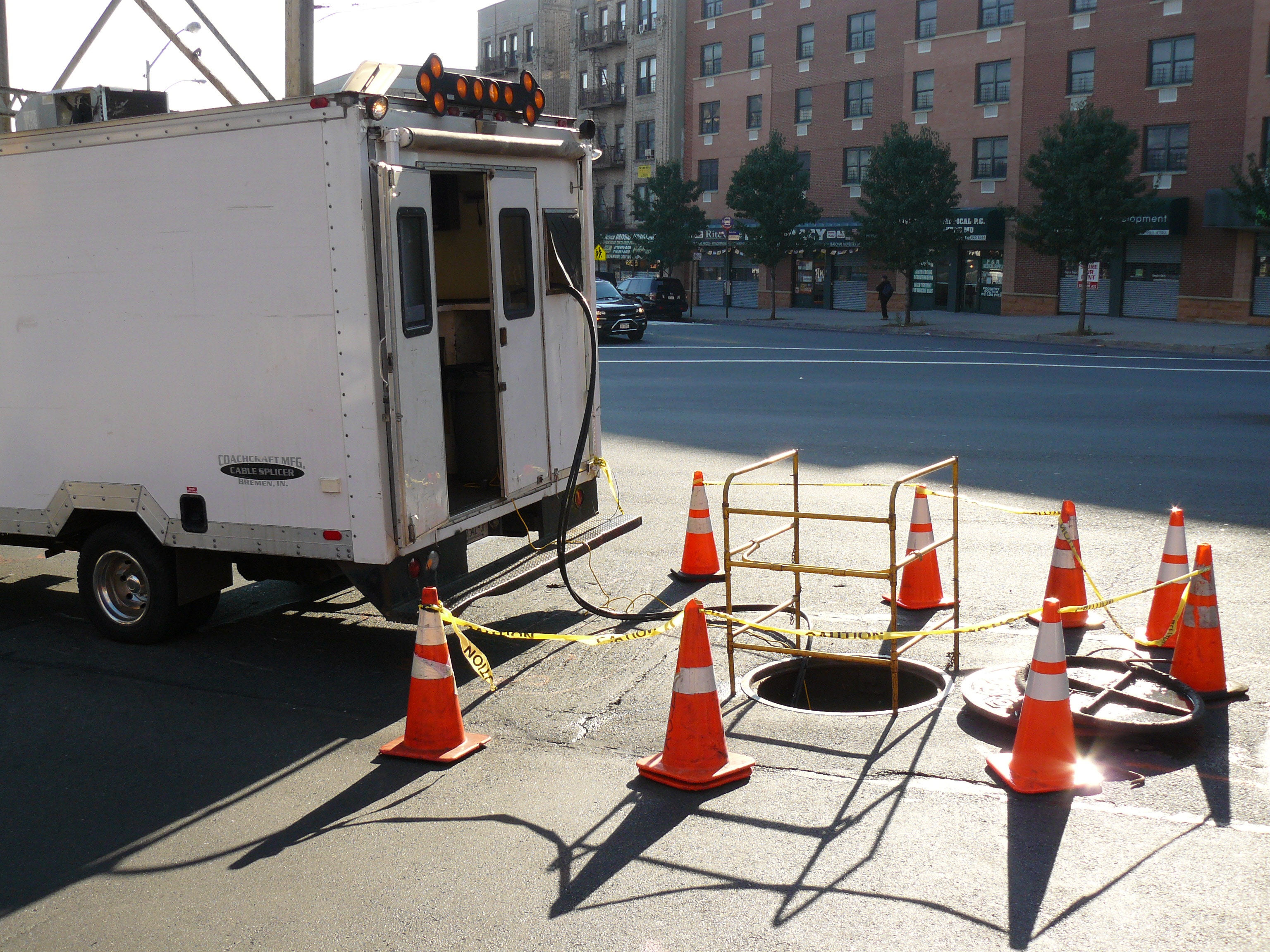 A real underground fiber splice work area prepared for access