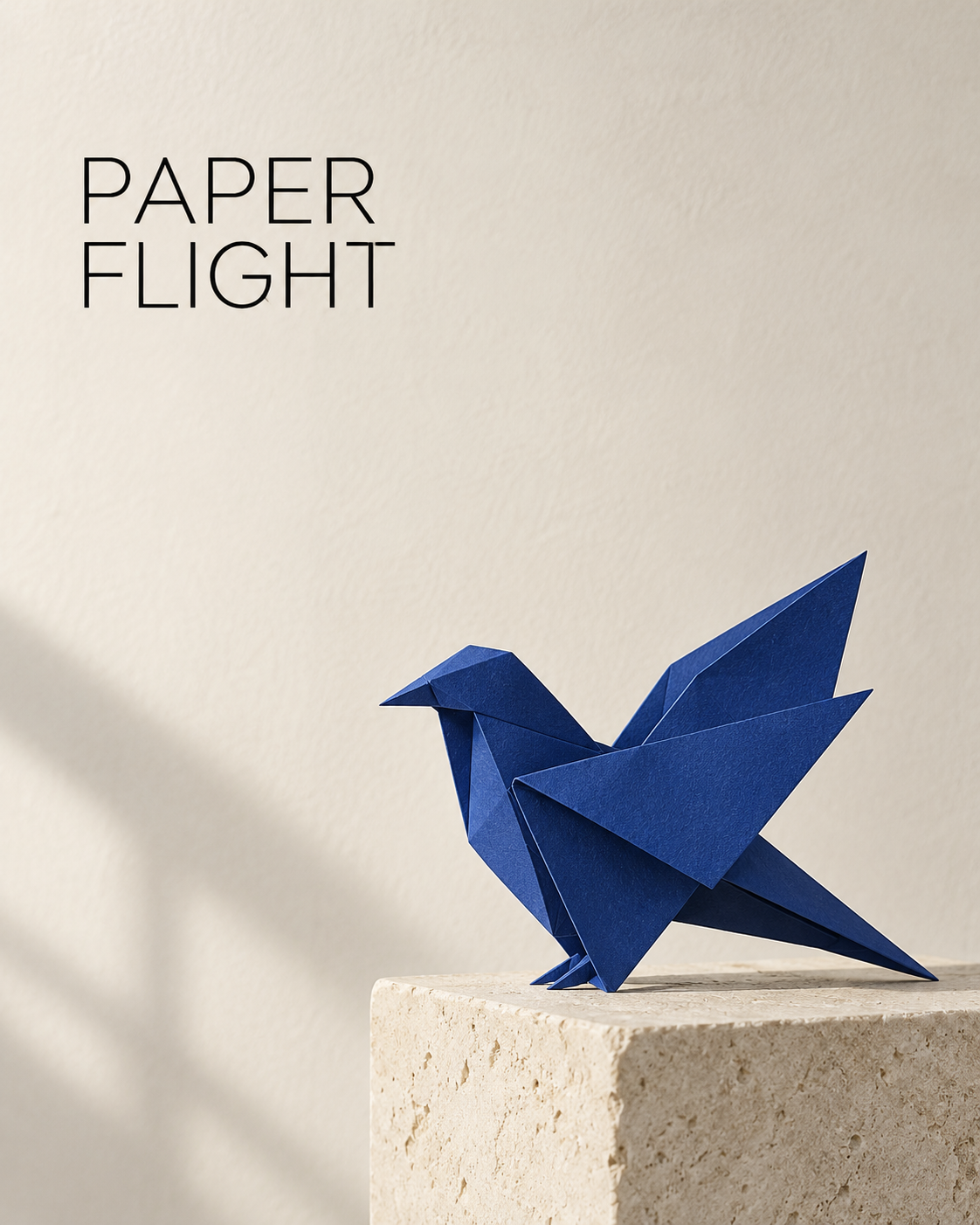 실제 생성한 포스터입니다. 왼쪽 위에 PAPER와 FLIGHT가 두 줄로 있고 오른쪽 아래에는 돌 받침 위의 파란 종이 새가 있습니다. 요청한 슬래시는 빠졌습니다.