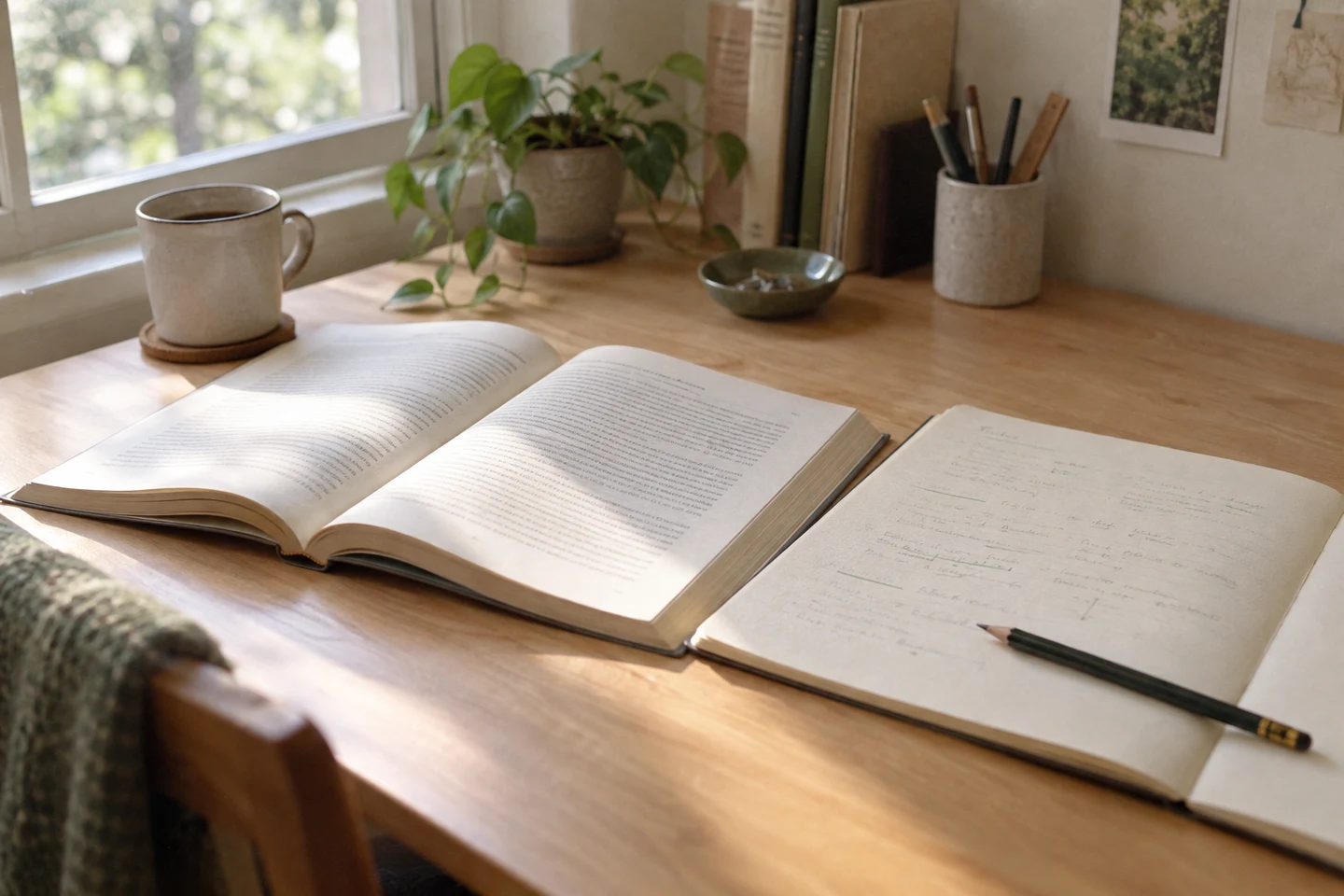 An open book and a notebook with small correction marks placed separately on a table, viewed at an angle