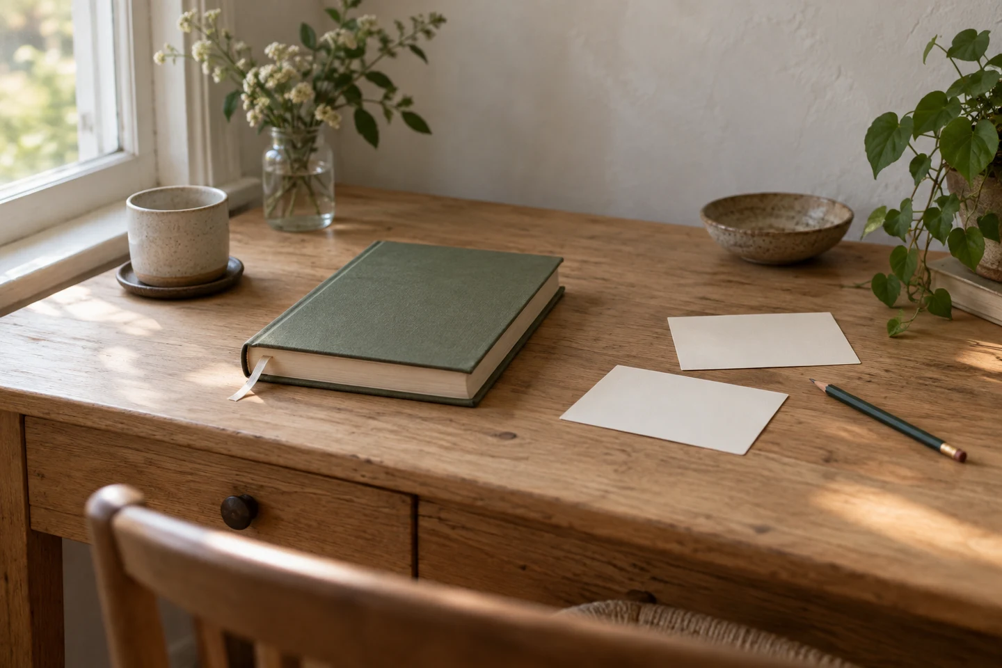 A closed book with a bookmark beside empty note cards on a small desk near a window
