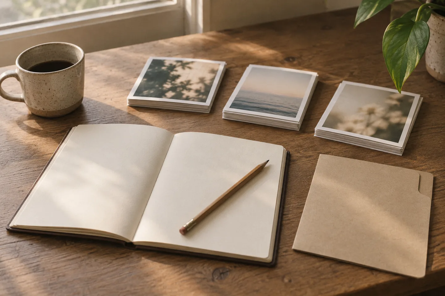 An open blank notebook with a pencil, three stacks of printed photographs and a paper folder on a desk