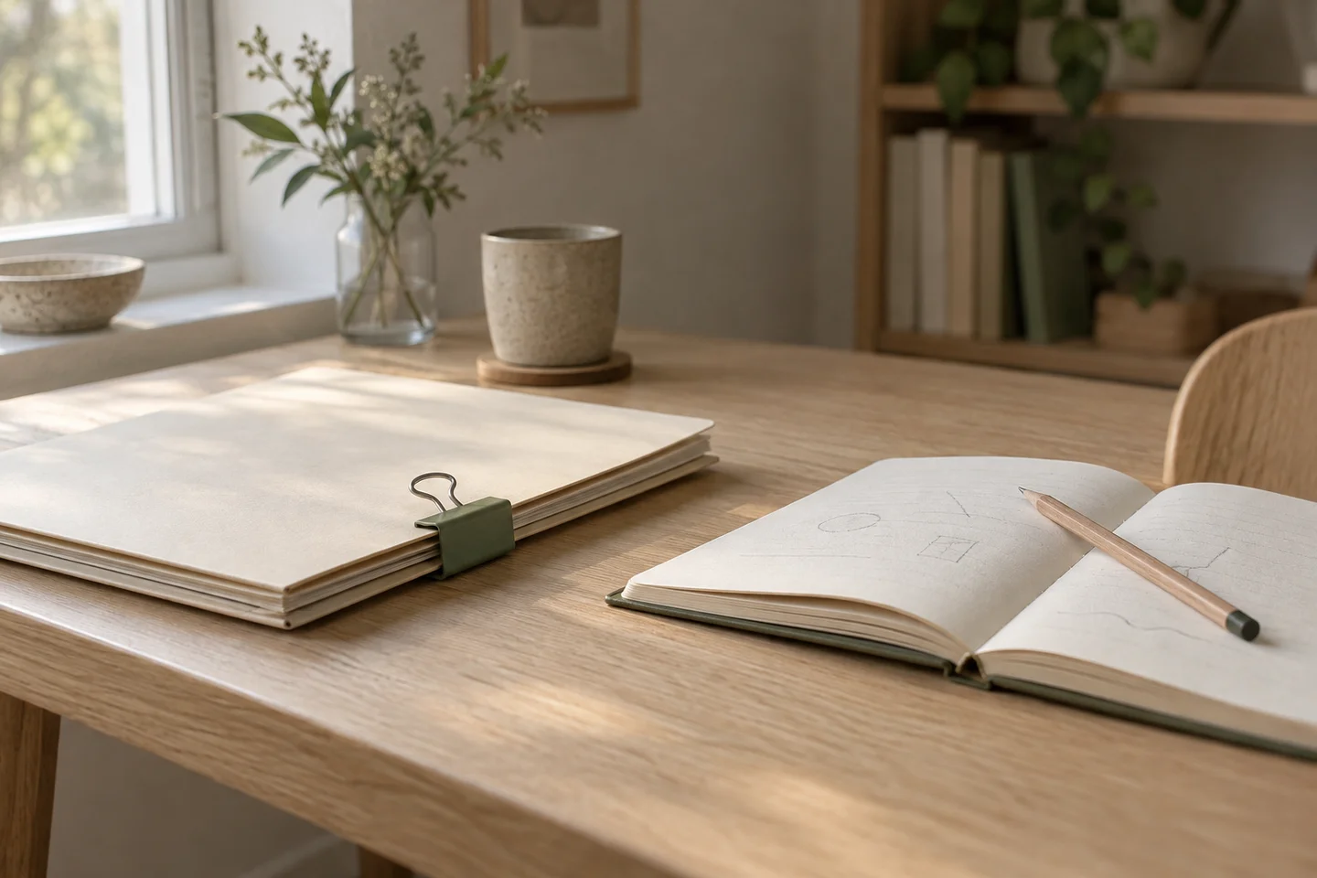 작업 기록을 살피는 노트 옆에 닫힌 서류 폴더와 서류 집게가 놓인 책상.