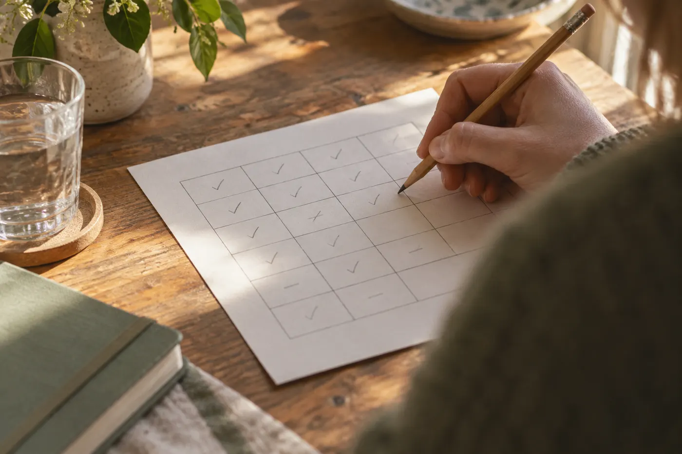 A hand moving above a paper grid with pencil marks in some cells and other cells left empty