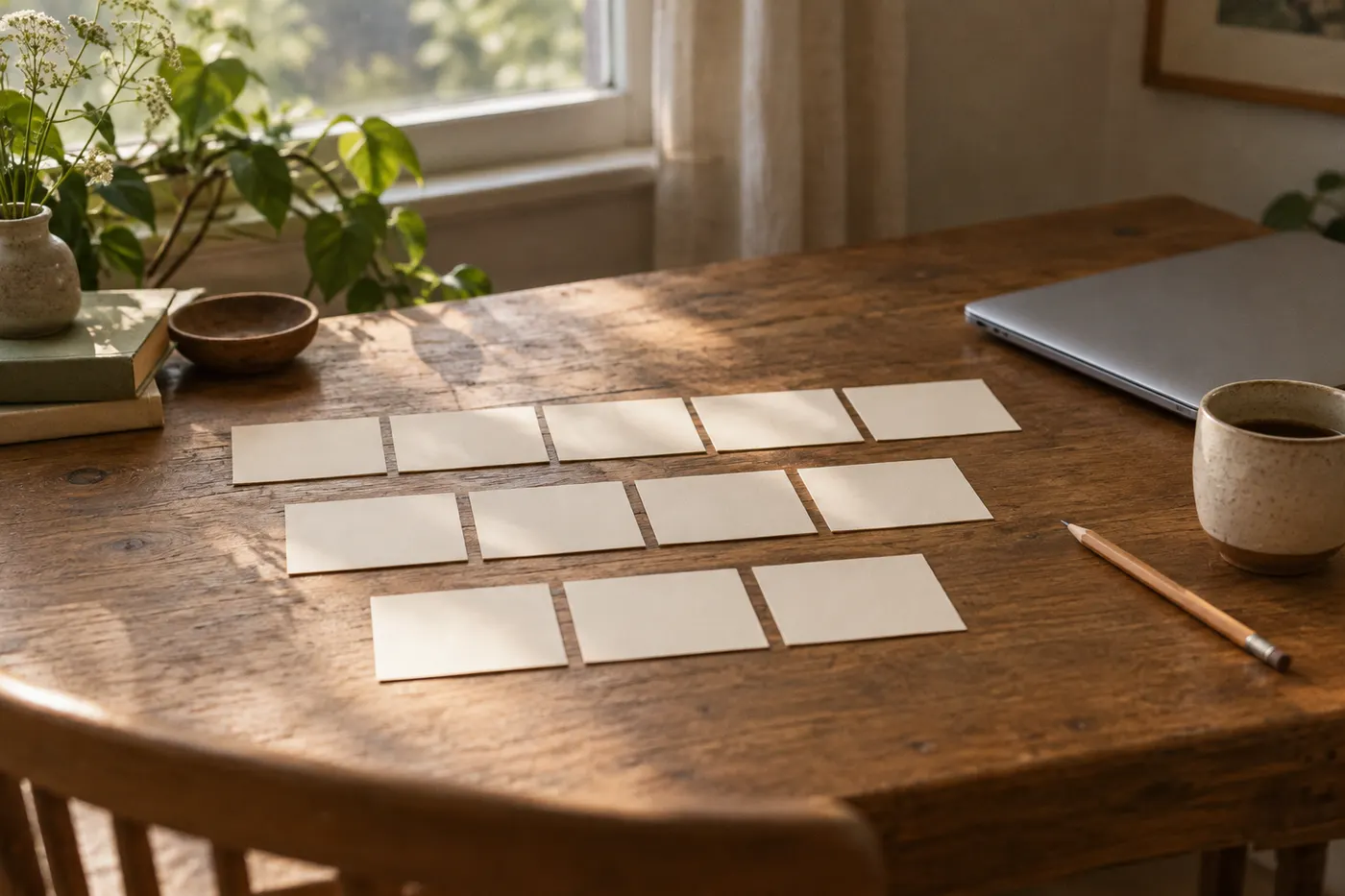 Blank cards arranged in three rows of different lengths on a wooden desk beside a window