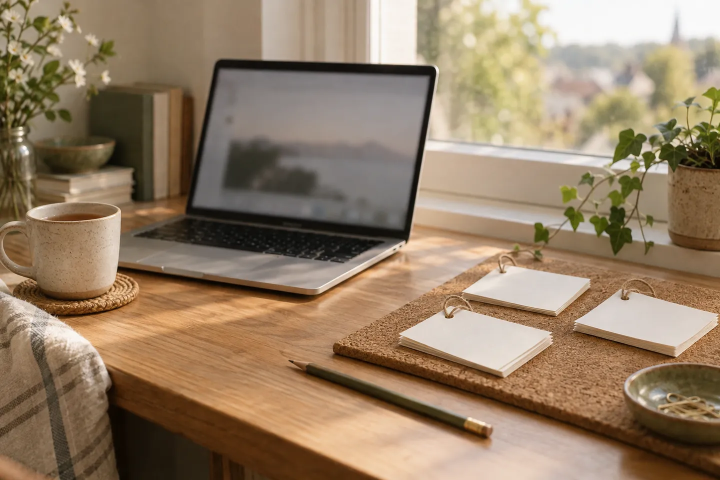 A wooden desk by a window with an open laptop beside a cork board holding bundles of blank cards tied with twine, plus a mug of tea and a pencil.