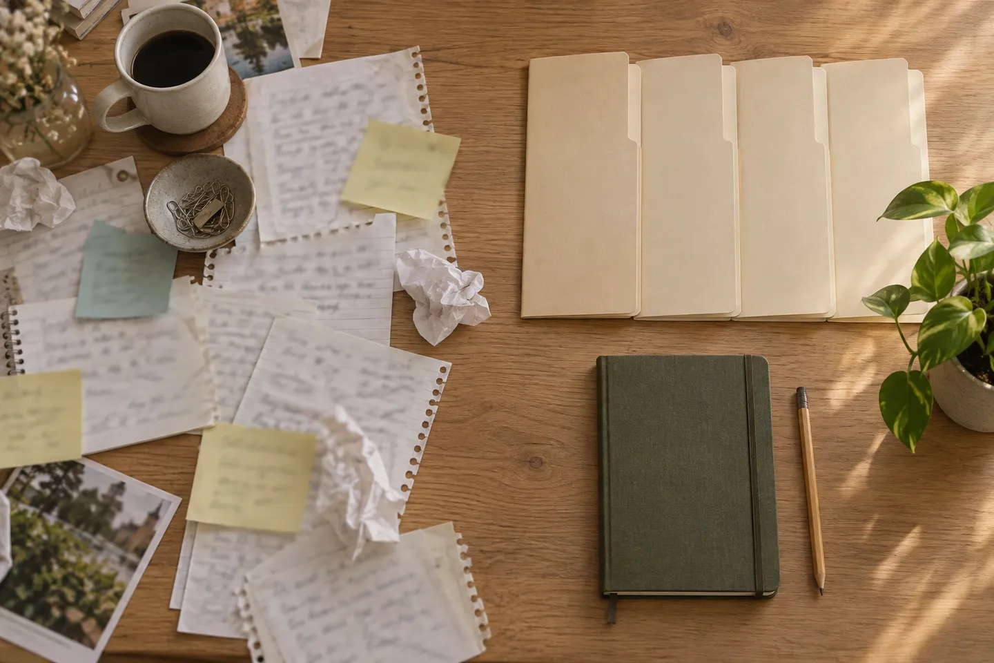 A wooden desk seen from above, with handwritten notes and sticky notes scattered on the left and four empty folders and a notebook arranged neatly on the right.