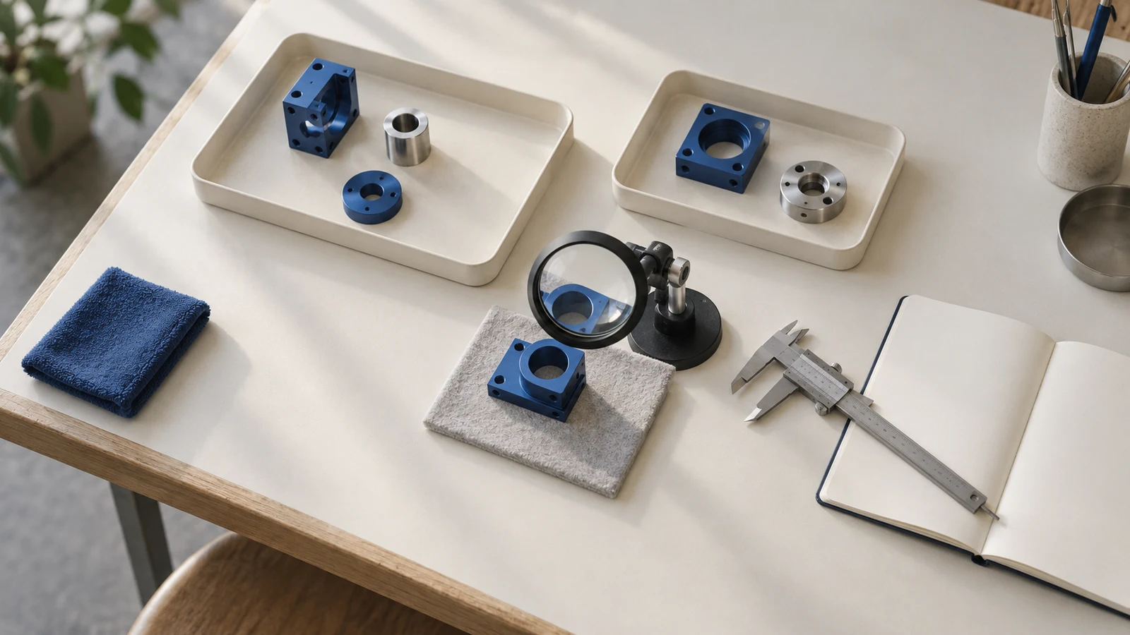 Inspection bench with components, a magnifier and measuring tools.
