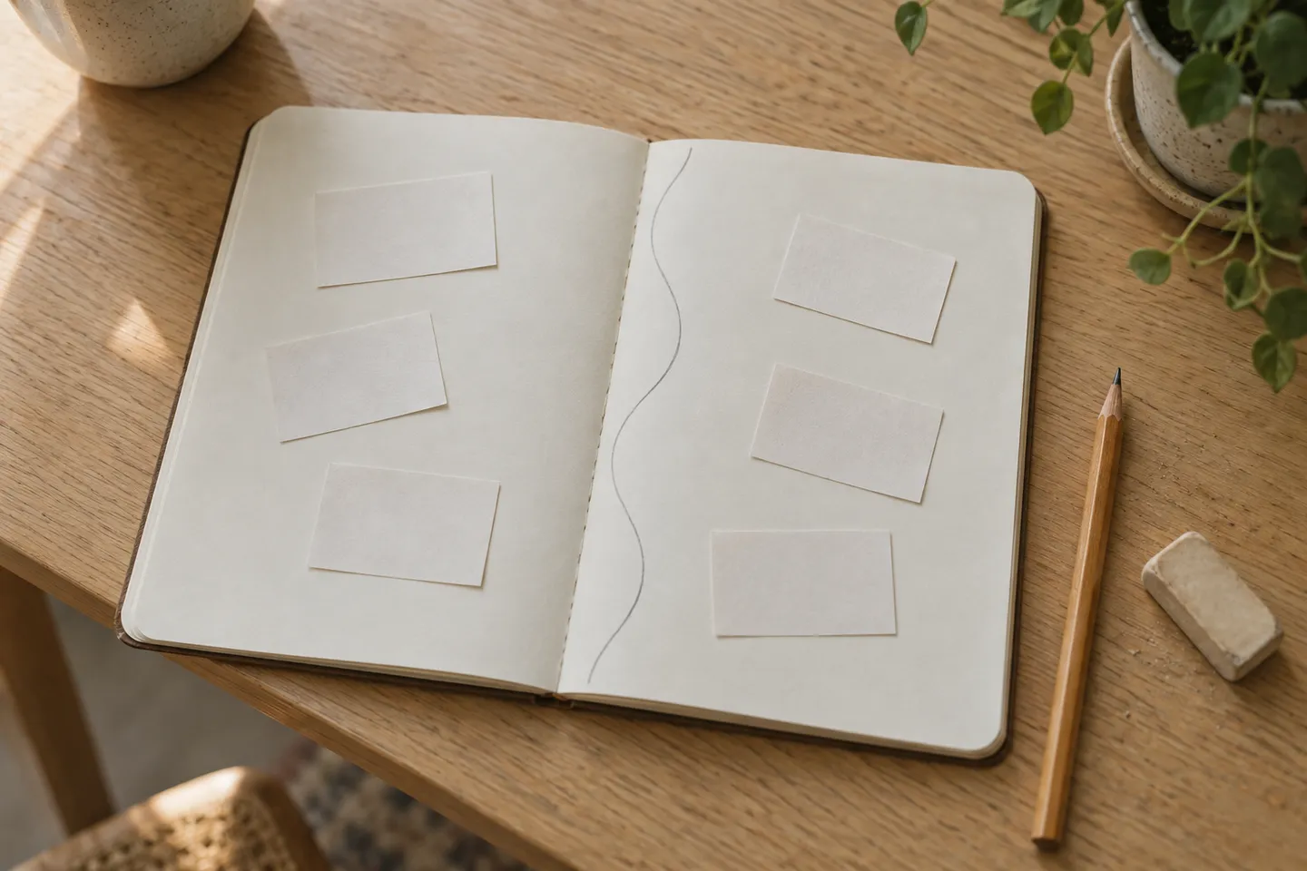 An open paper notebook with a pencil-drawn wavy line and blank slips of paper on both sides.