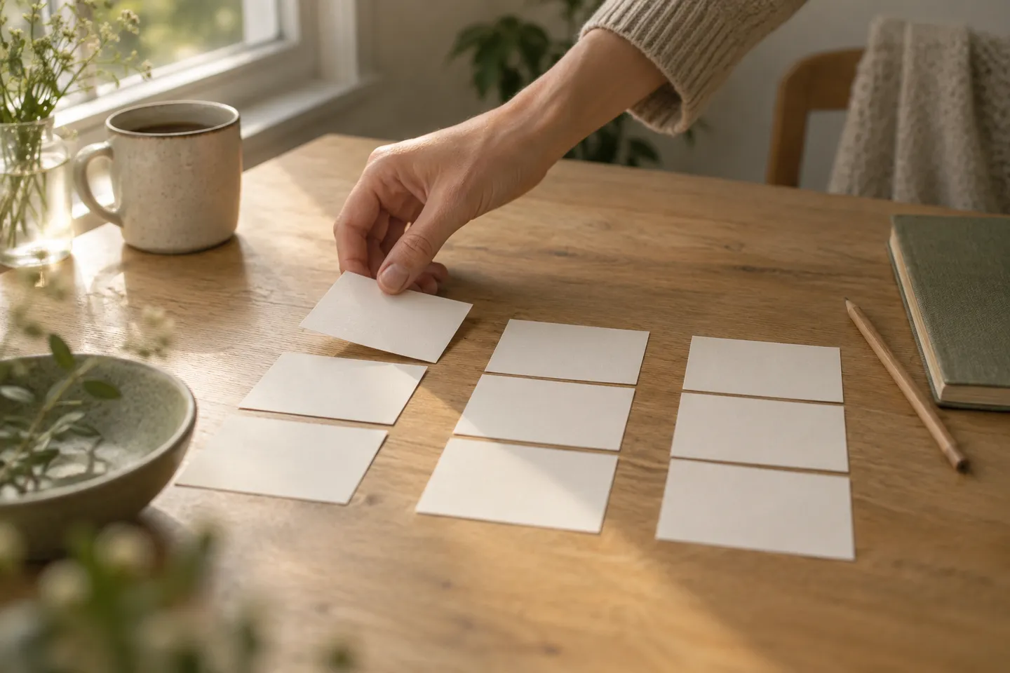 A hand moving one of three rows of blank paper cards on a wooden table.