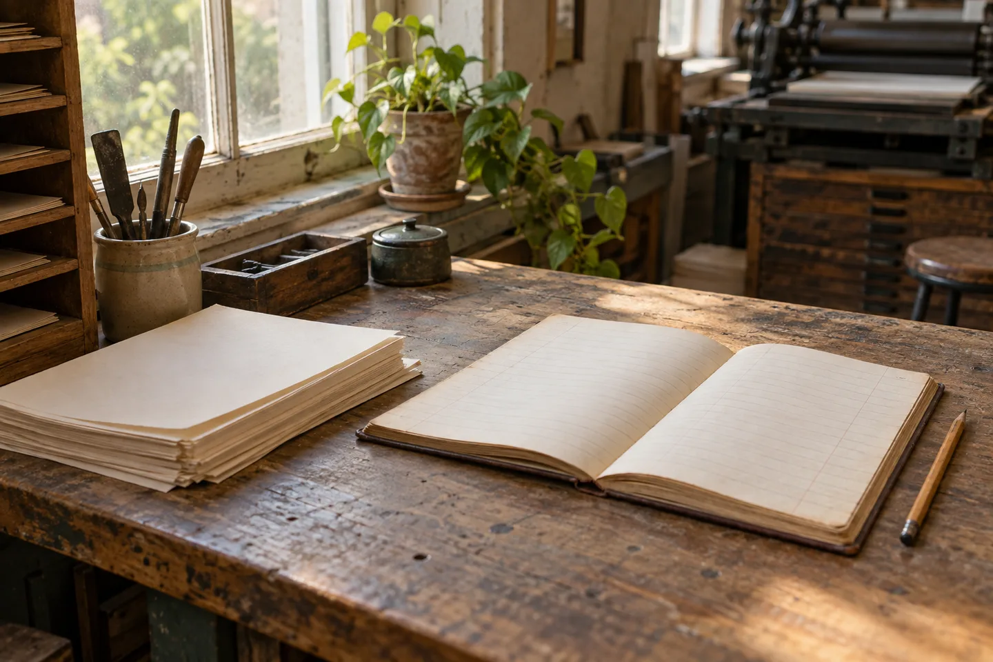 A wooden workbench by a window with a stack of order sheets and a ruled ledger, a pencil resting beside the ledger.