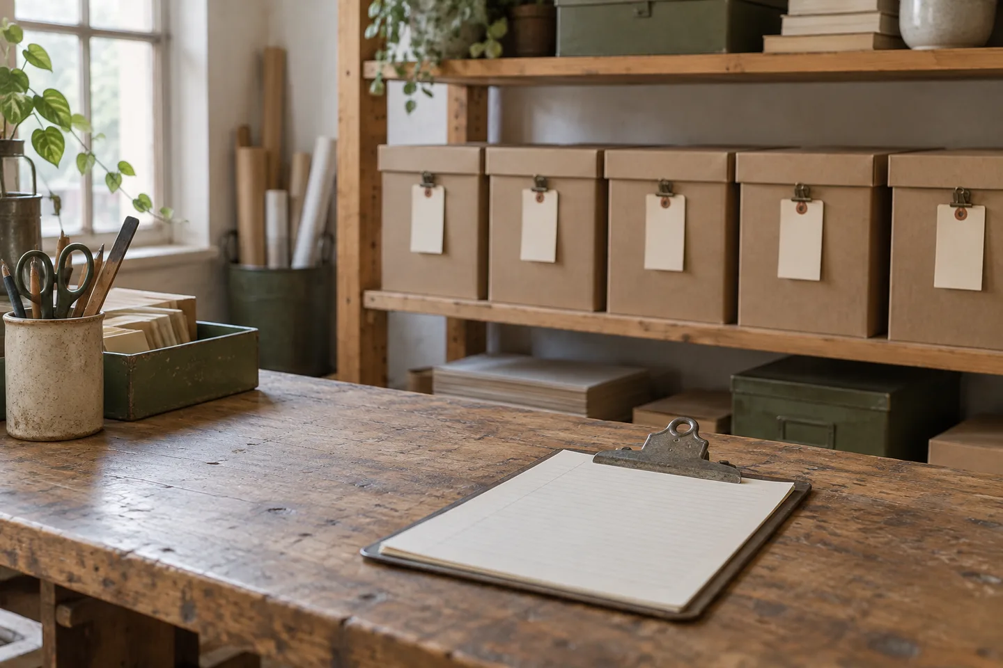 Shelves with identical boxes in a row, each with a blank paper tag, and a clipboard on the workbench in front of them, in a print workshop.