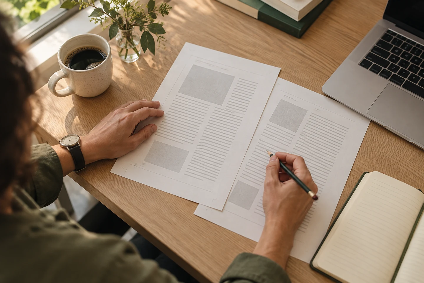 Hands reviewing printed page proofs and a notebook on a naturally lit desk.