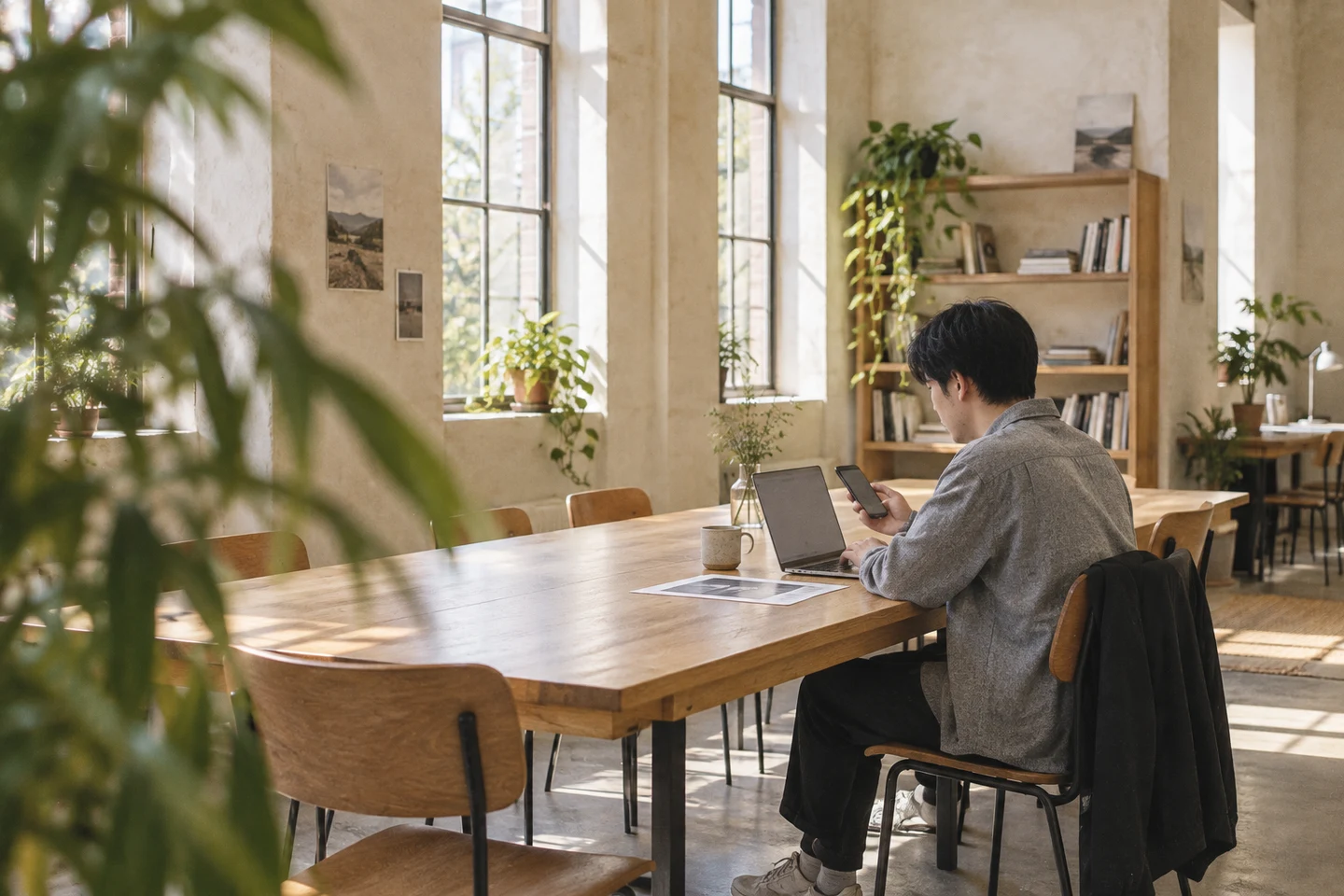 An editor checking a laptop and phone beside a window in a shared workspace.