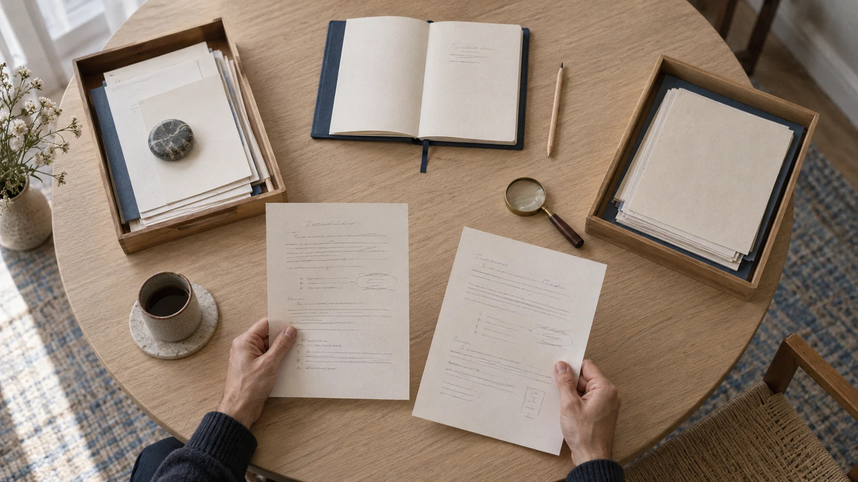 A conceptual scene of reviewing an output alongside a separate set of notes