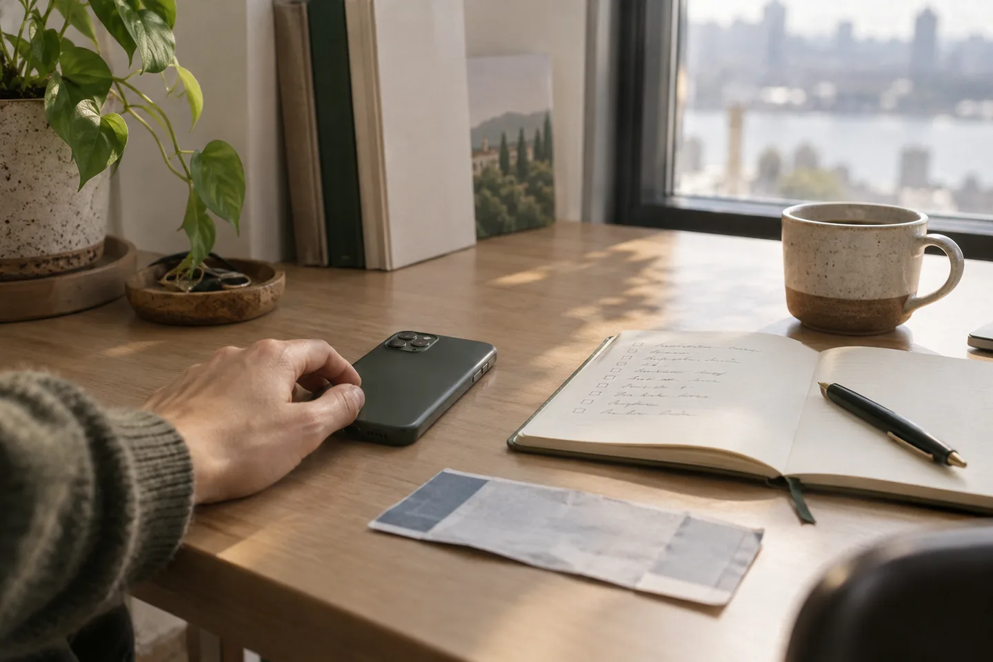 A phone lying face-down on a wooden desk beside an open notebook with a handwritten checklist and a coffee cup, by a window.
