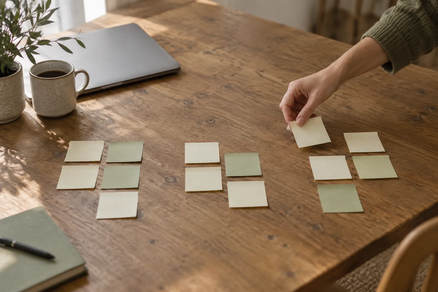 Hands sorting paper sticky notes into three loose groups on a wooden meeting table, with a closed laptop and a mug at the edge.