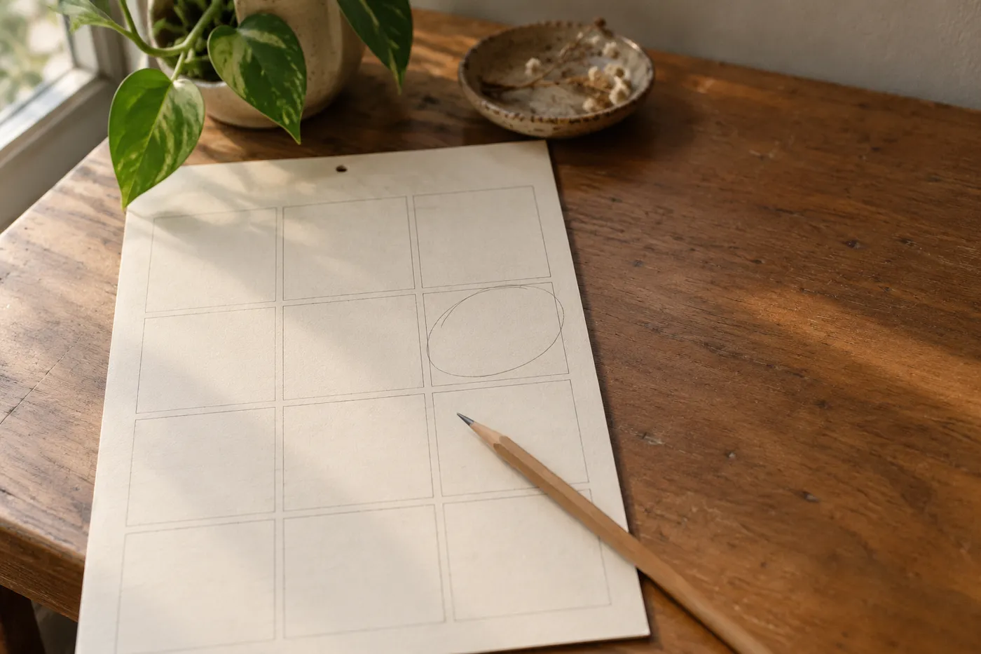 A wooden desk with a paper sheet of twelve empty calendar squares, one circled in pencil
