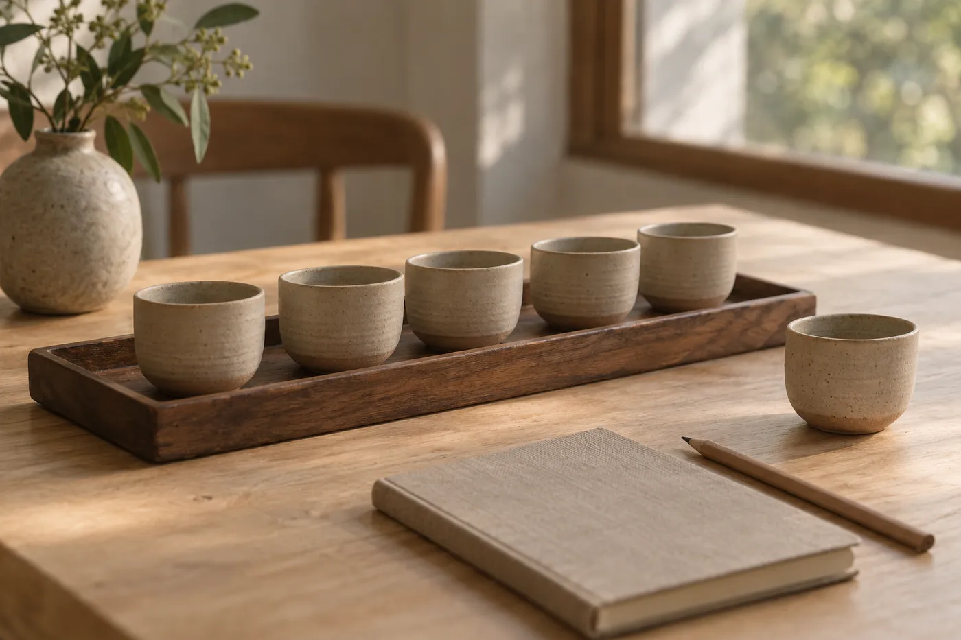 Five small ceramic cups in a row on a wooden tray, with an identical sixth cup placed apart on the table
